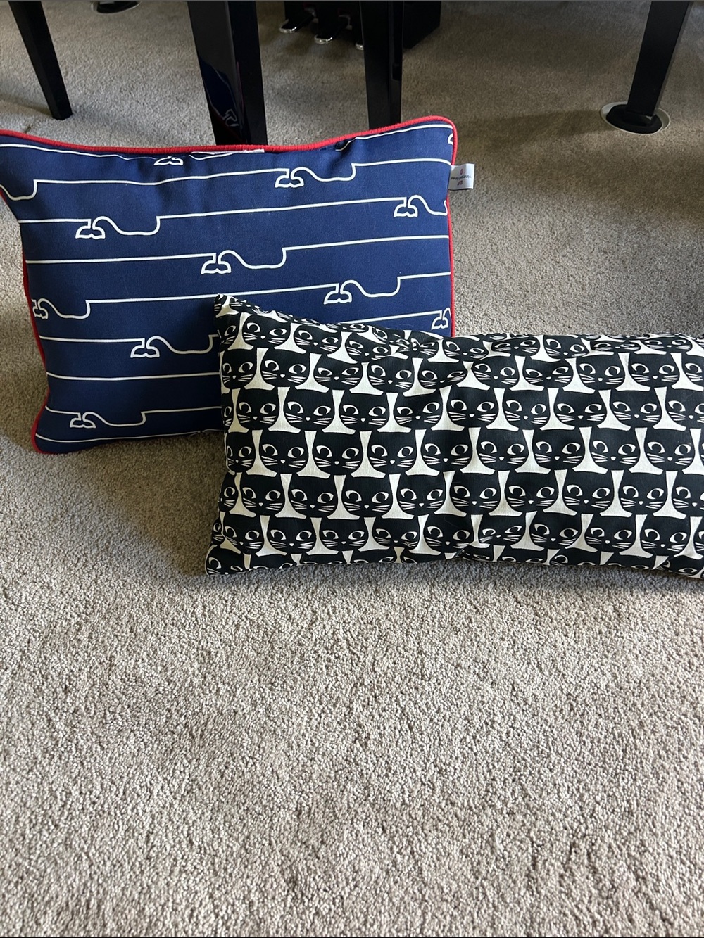 Vineyard Vines Navy Stripe Pillow with Red Piping & Black Cat Pattern Pillow